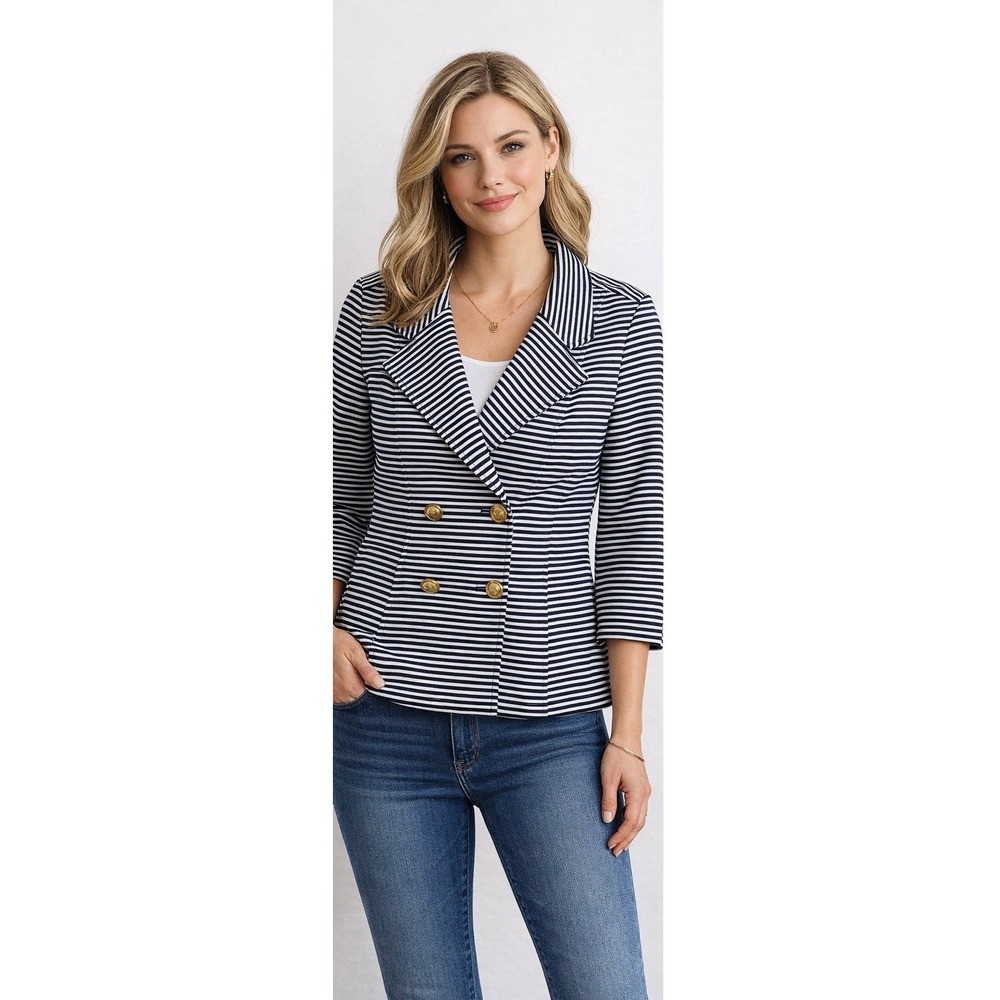 Cabi Navy White Striped Double Breasted Blazer Gold Crest Button Jacket Womens M